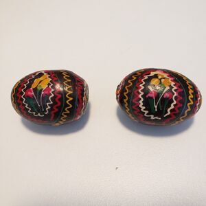 Vintage Hand Painted Lacquered Eggs Black Miniature Floral Spring Decor Set of 2